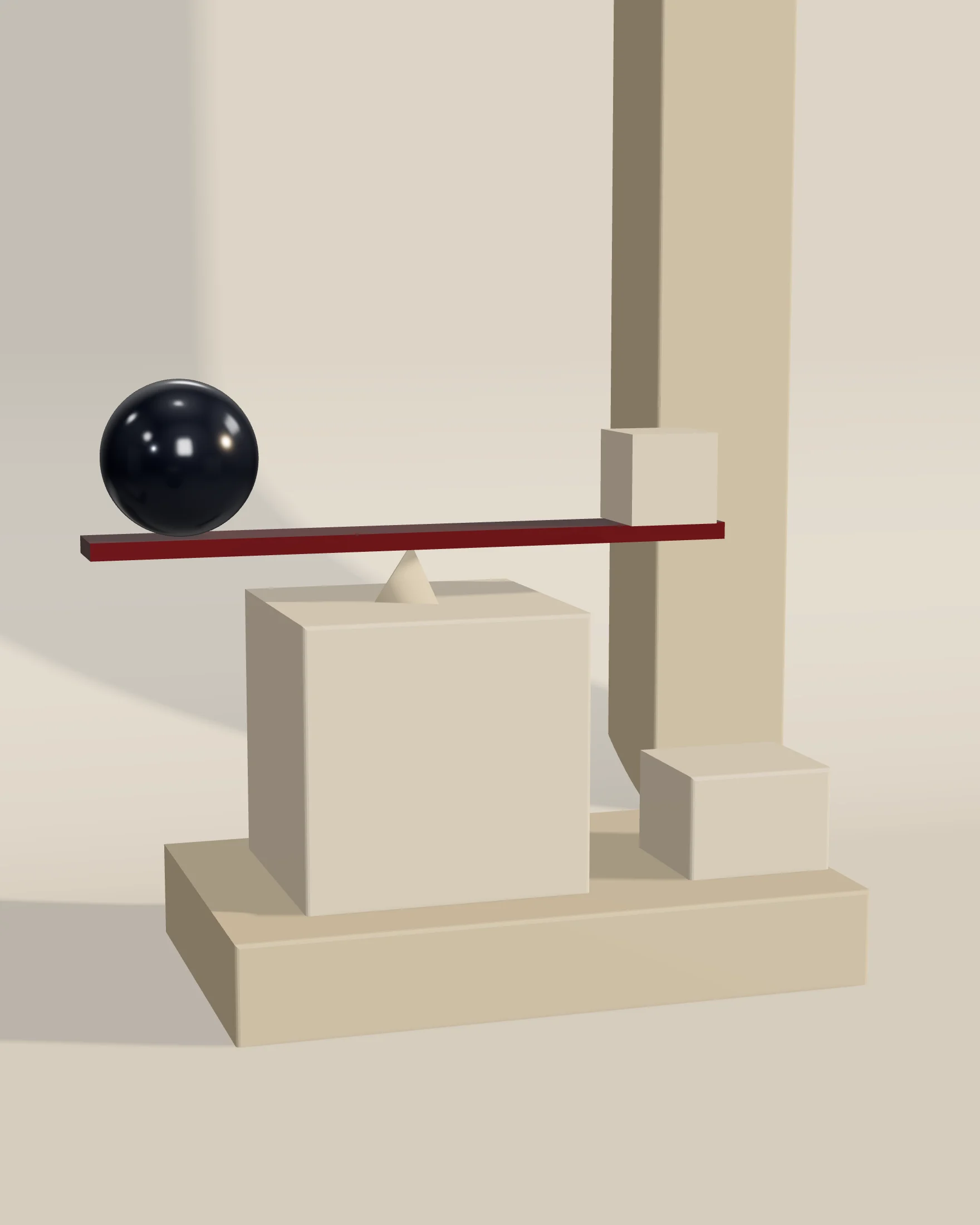 Illustration: a navy sphere and a stone block balanced on an oxblood beam, resting on travertine plinths.