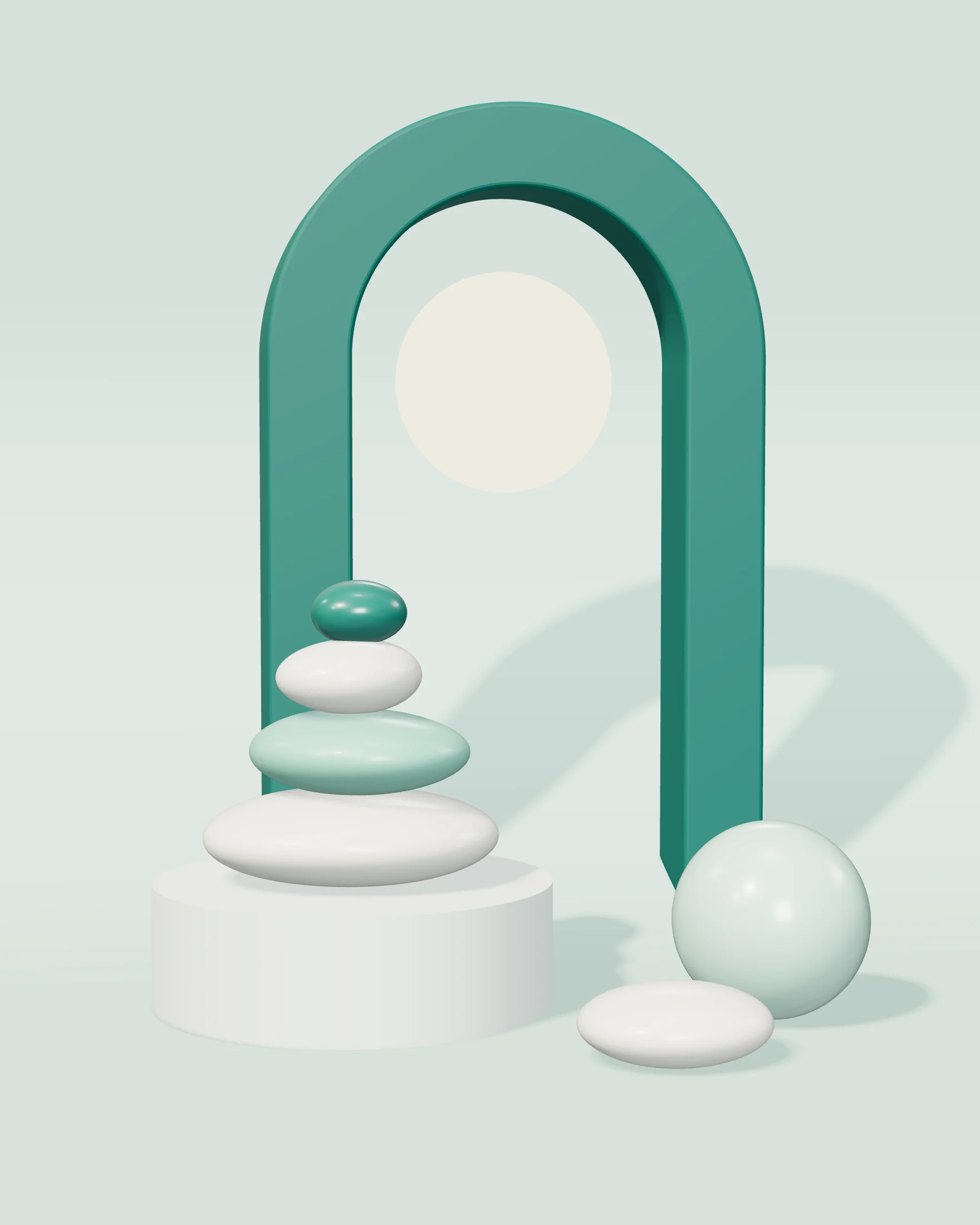 Illustration: smooth stones balanced on a plinth in front of a teal arch, in soft morning light.