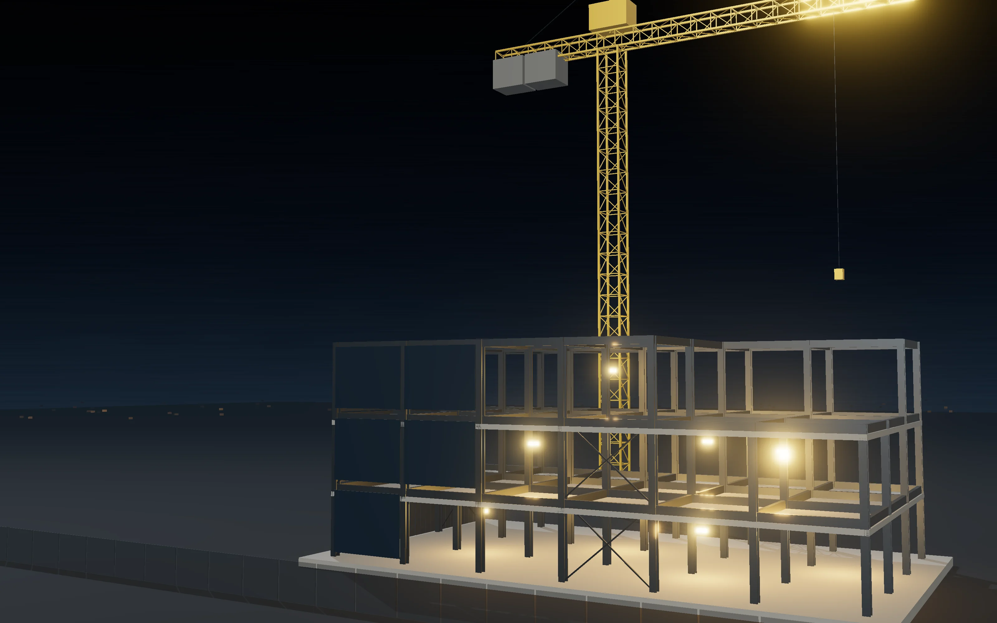 Illustration: a three-storey steel frame going up at dusk, lit from inside, with a yellow tower crane above it.