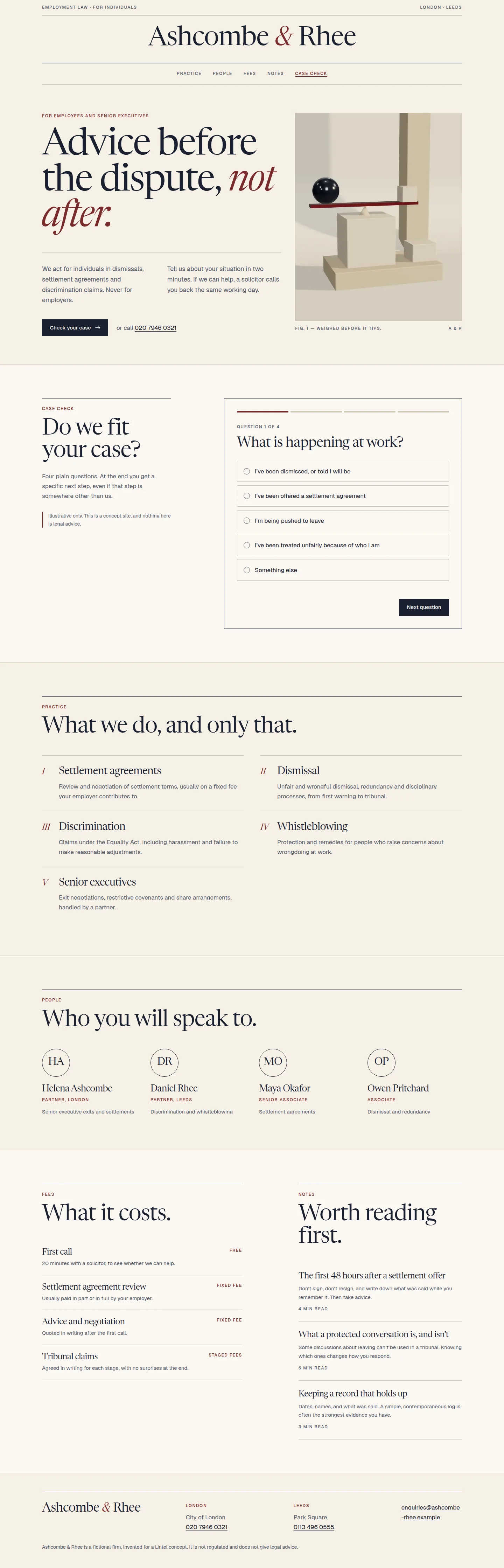 The full Ashcombe & Rhee page, from masthead to footer, including practice areas, people and fees.