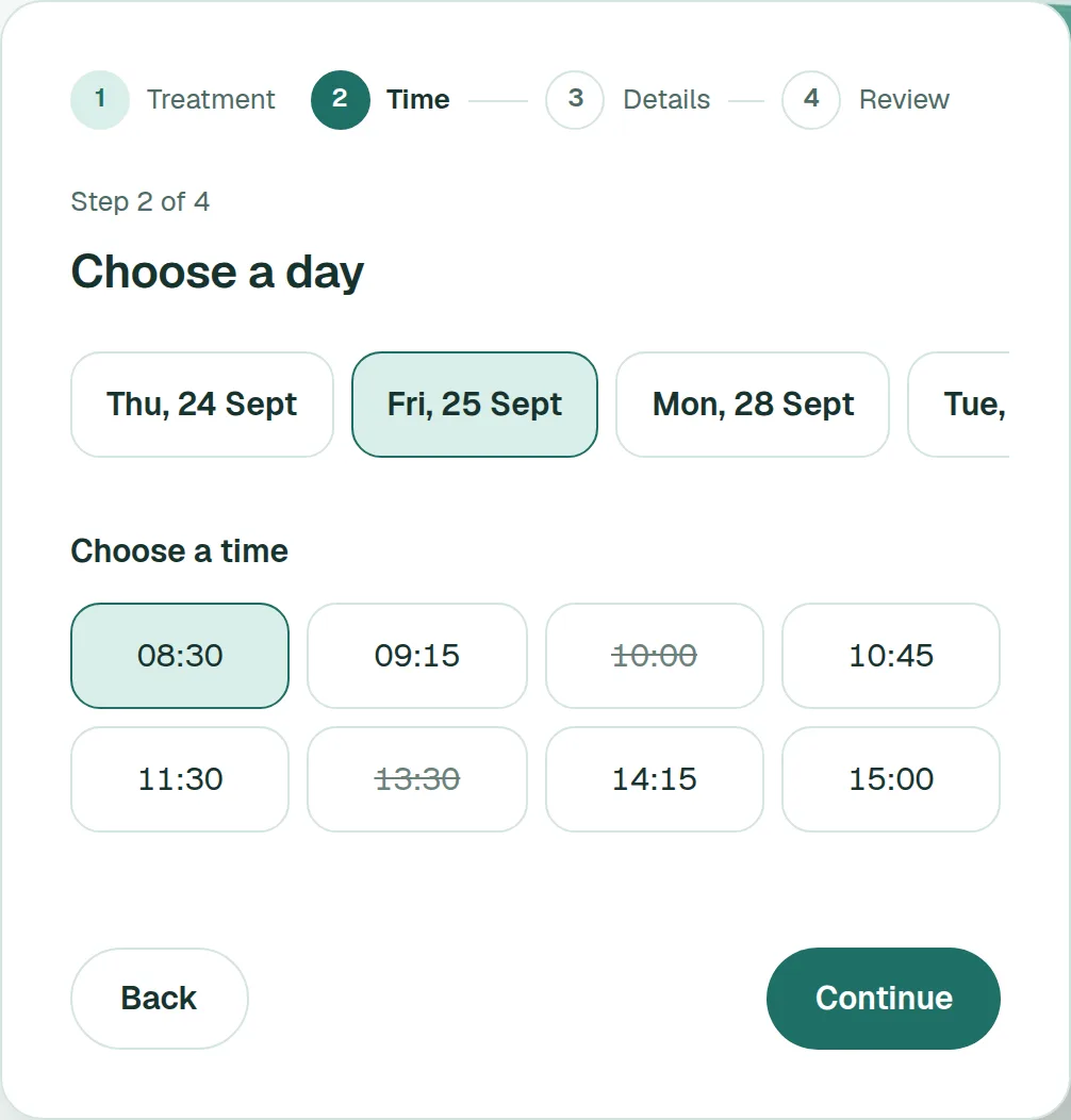 The Brightwell booking flow on step two, with a day selected and appointment times listed.