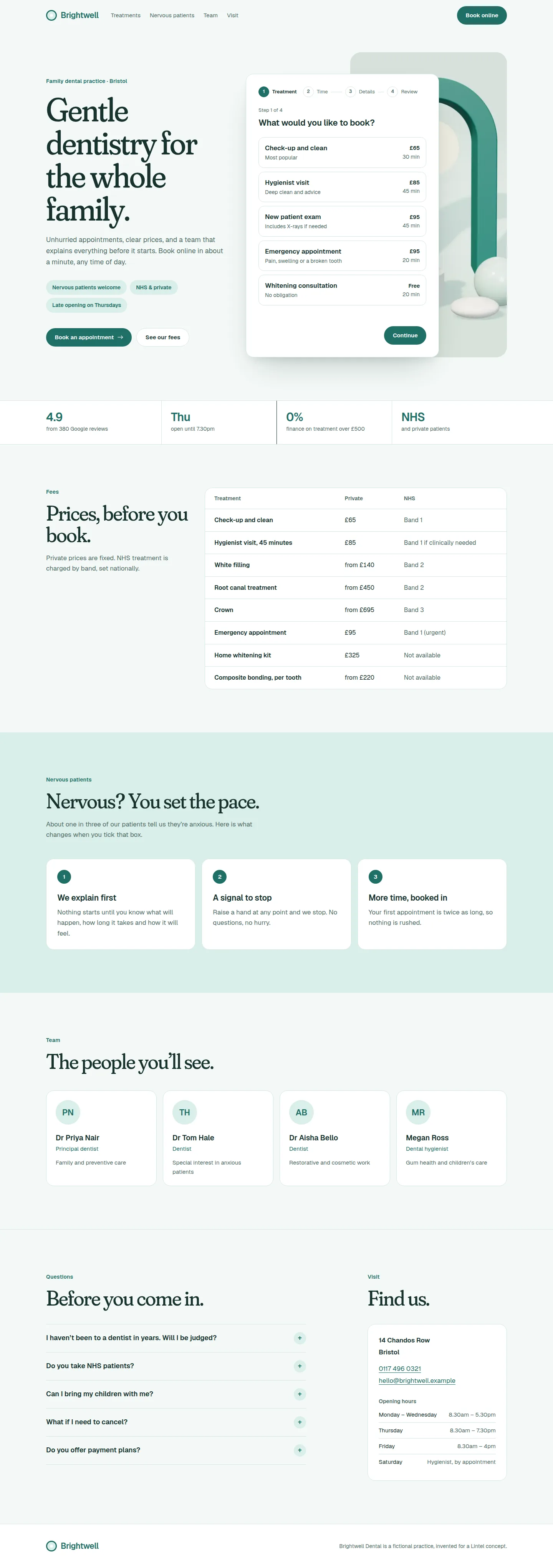 The full Brightwell Dental page, from hero to footer, including fees, team and FAQ.