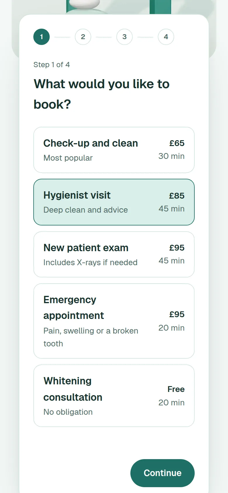 Brightwell Dental on a phone: choosing a treatment in the booking flow.