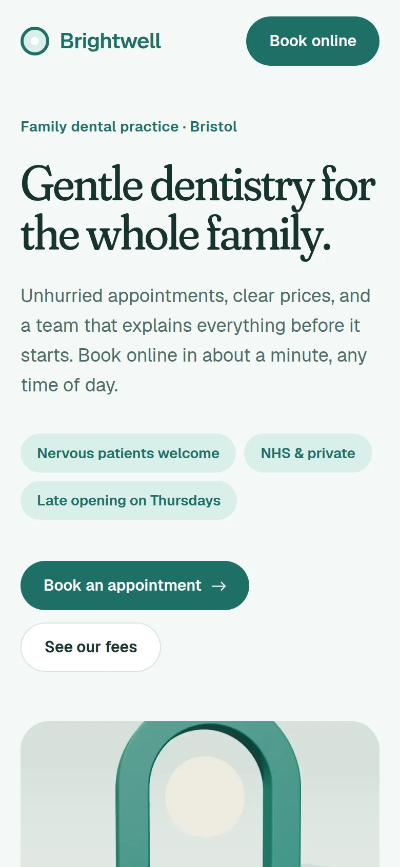 Brightwell Dental on a phone: the hero and the book online button.