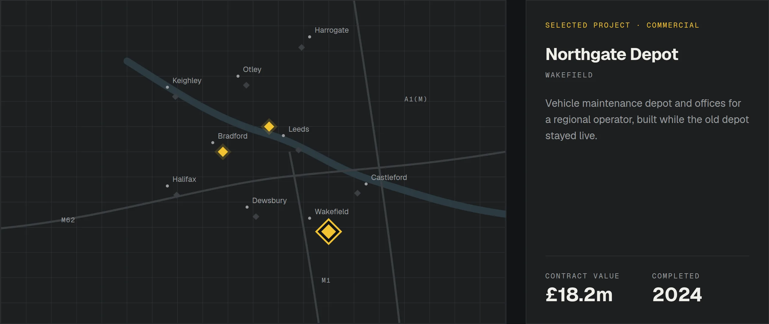 The Halden project map filtered to Commercial, with one pin selected and its project card open.