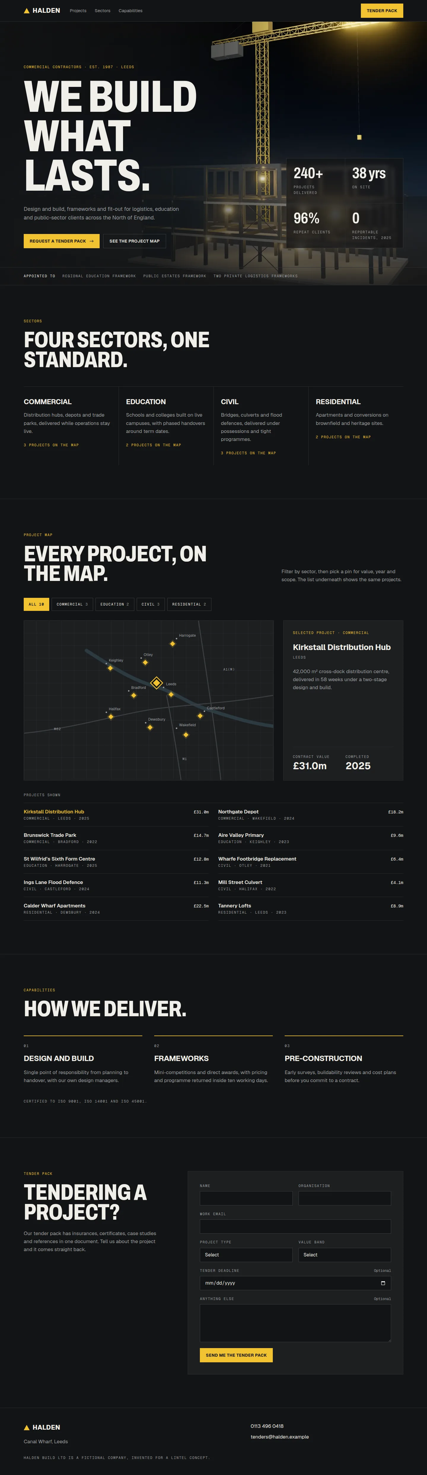 The full Halden Build page, from hero to footer, including the project map and tender form.