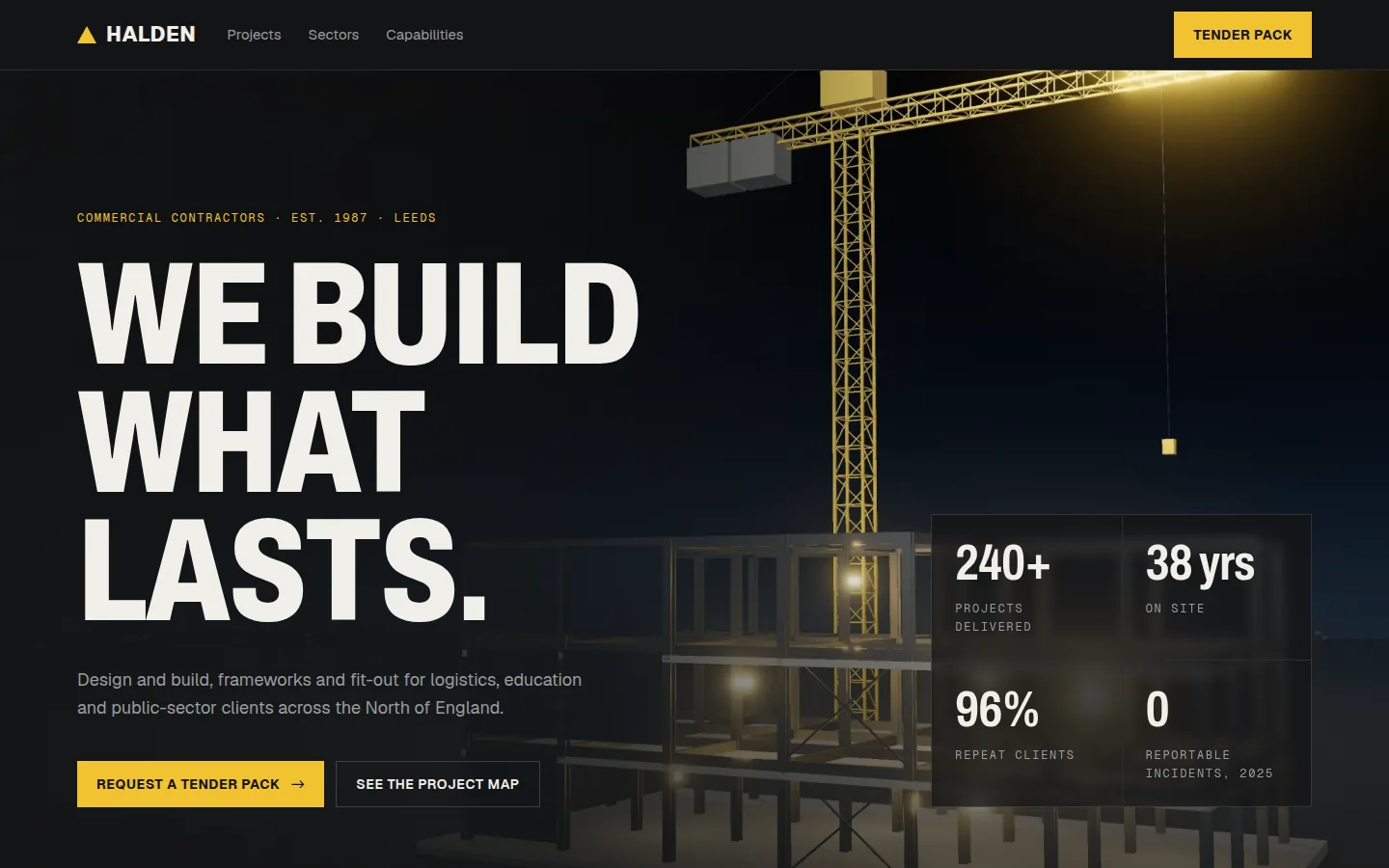 Halden Build home page: “We build what lasts” in condensed capitals over a night render of a steel frame and tower crane, with project statistics.