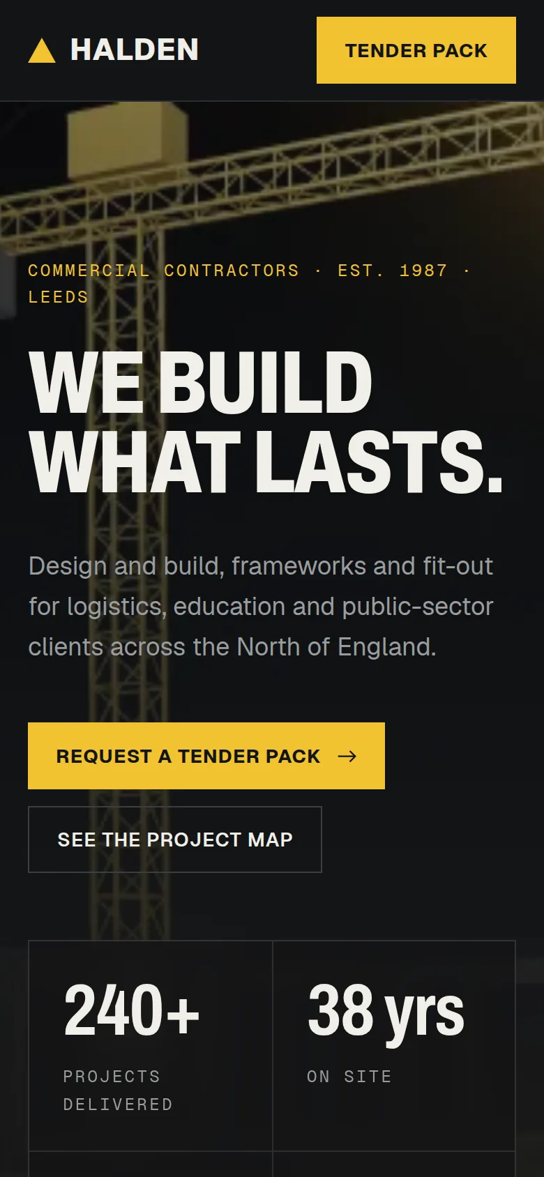 Halden Build on a phone: the headline over the site render, and the tender button.